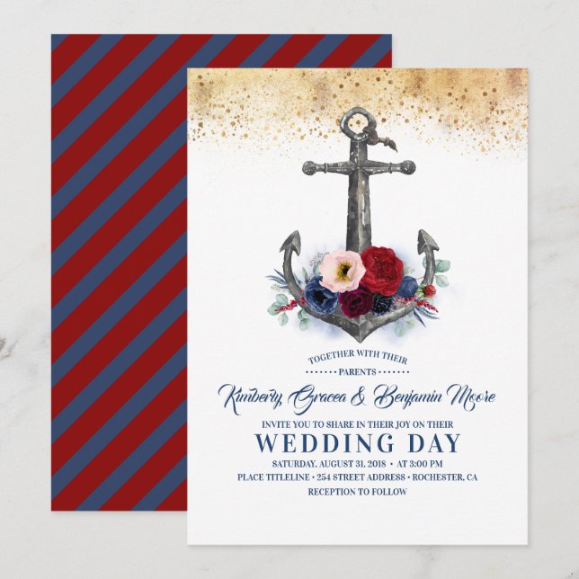 Invitación Boda Náutico de la Marina y Borgoña (Anverso / Reverso)