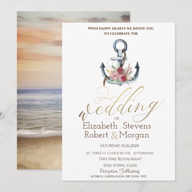 Invitación Boda náutico de las flores de los anillos acuático (Anverso / Reverso)