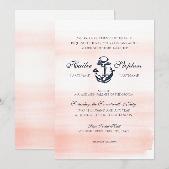 Invitación Boda náutico de Rubor y acuarela naval (Anverso / Reverso)