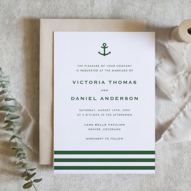 Invitación Boda Náutico del Ancla Verde Esmeralda Moderno (Modern Emerald Green Anchor Nautical Wedding Invitation)
