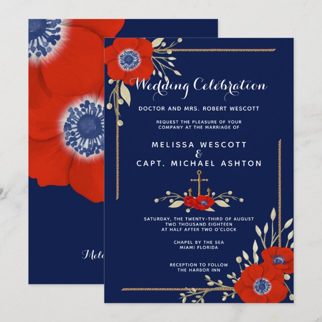 Invitación Boda Náutico Formal Anemone Blanco y Azul Rojo (Anverso / Reverso)