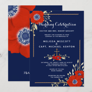 Invitación Boda Náutico Formal Anemone Blanco y Azul Rojo