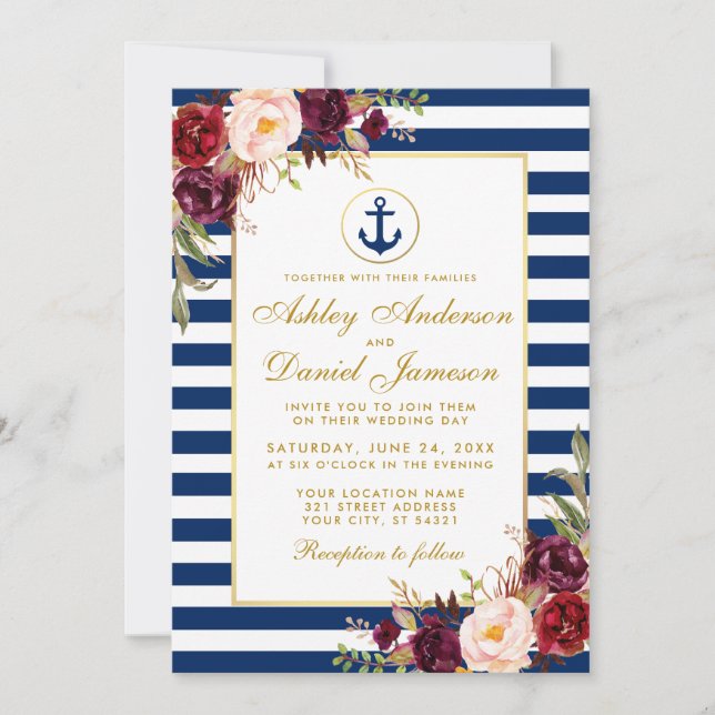 Invitación Boda náutico franjas azules Borgoña invitan a GW (Anverso)