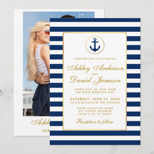 Invitación Boda náutico franjas azules invitan a la foto G de