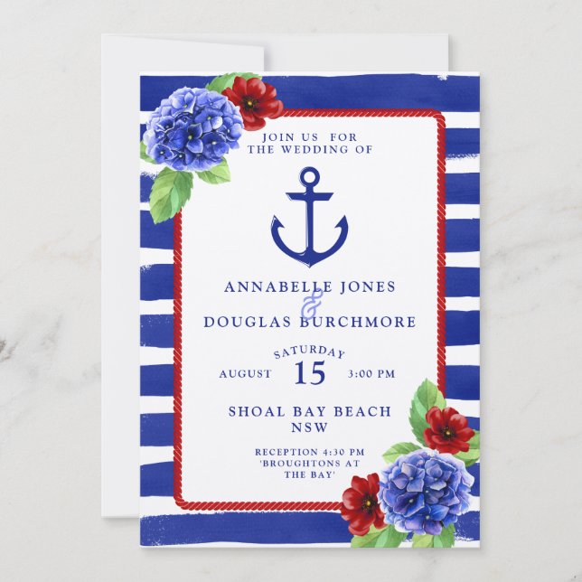 Invitación Boda Náutico Hidrangea Azul Rojo Azul Acuarela (Anverso)