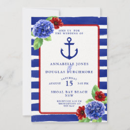 Invitación Boda Náutico Hidrangea Azul Rojo Azul Acuarela