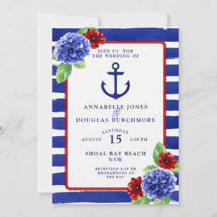 Invitación Boda Náutico Hidrangea Azul Rojo Azul Acuarela