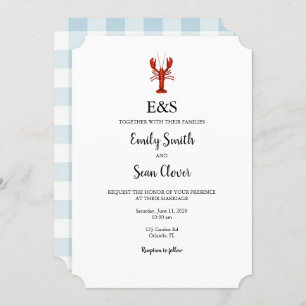 Invitación Boda Náutico Lobster Monograma Azul Gingham