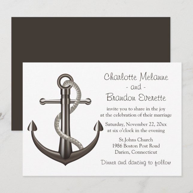 Invitación Boda Nautico Marrón Anchor de playa Marítimo (Anverso / Reverso)