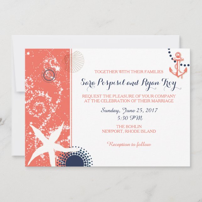 Invitación Boda Náutico Moderno de Coral y Marina (Anverso)
