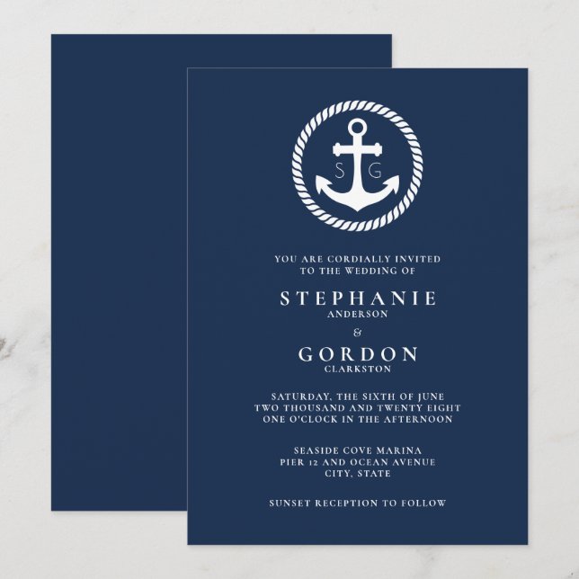 Invitación Boda náutico monograma (Anverso / Reverso)
