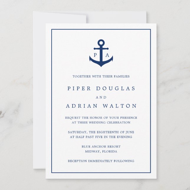 Invitación Boda Náutico Monograma de Ancla Azul de la Marina (Anverso)
