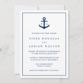 Invitación Boda Náutico Monograma de Ancla Azul de la Marina