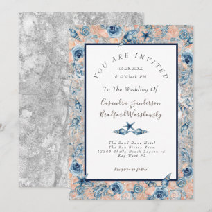 Invitación Boda Náutico Rosas Gris de flores de conchas marin