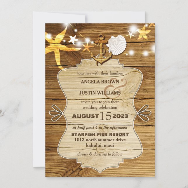 Invitación Boda Náutico Rustic Wood Beach Starfish (Anverso)