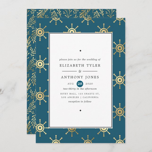 Invitación Boda Náutico verde azulado y Gold (Anverso / Reverso)