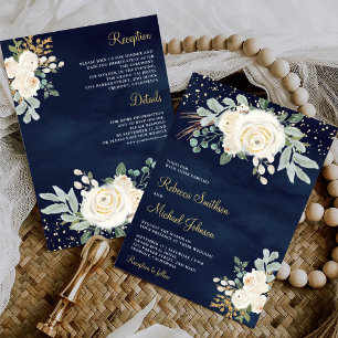Invitación Boda Naval Todo en Uno Floral Marfil Dorado Rústic