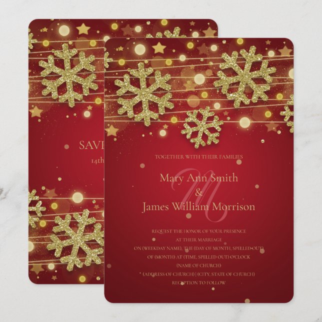 Invitación Boda Navideña en Oro y Rojo Guardar la Fecha (Anverso / Reverso)