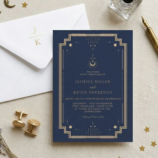 Invitación Boda Navy Azul Estrella Luna Mística Celestial
