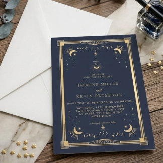 Invitación Boda Navy Azul Estrella Luna Mística Celestial
