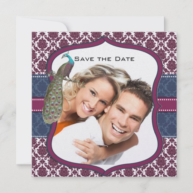 Invitación Boda Navy & Berry Berry Elegante Damask Pavo Real (Anverso)