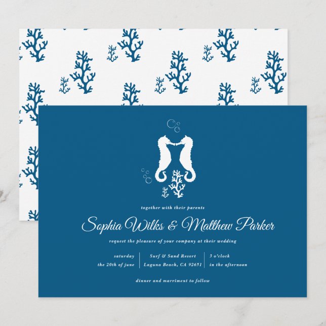 Invitación Boda Navy Blue Beach Coral y Seahorse (Anverso / Reverso)