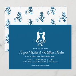 Invitación Boda Navy Blue Beach Coral y Seahorse