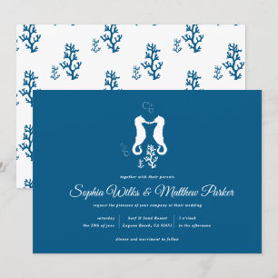 Invitación Boda Navy Blue Beach Coral y Seahorse
