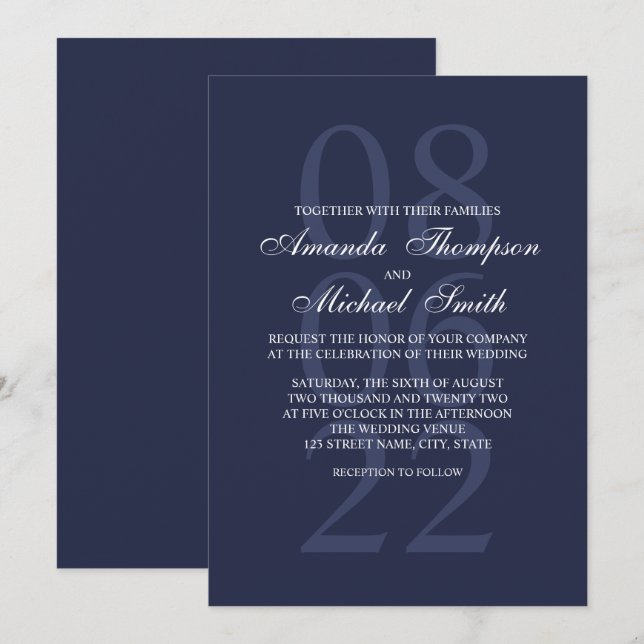 Invitación Boda Navy Blue Elegant (Anverso / Reverso)