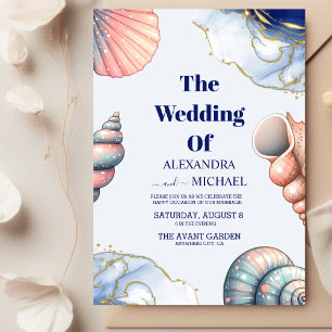 Invitación Boda Navy Blue Elegant Beach Seashell