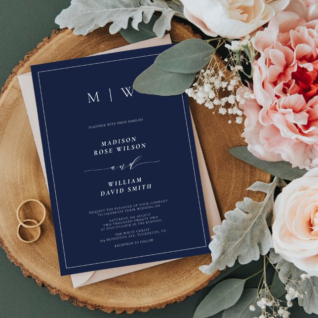 Invitación Boda Navy Blue Elegant Border & Monogram (Subido por el creador)