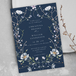 Invitación Boda Navy Blue Elegant Winter Wildflowers