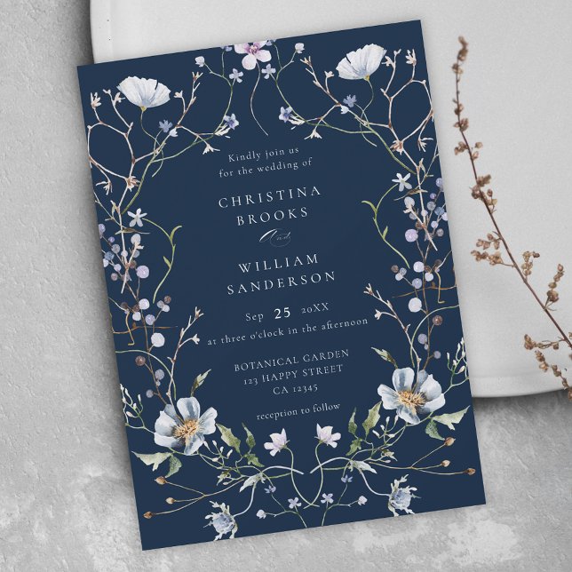 Invitación Boda Navy Blue Elegant Winter Wildflowers (Subido por el creador)