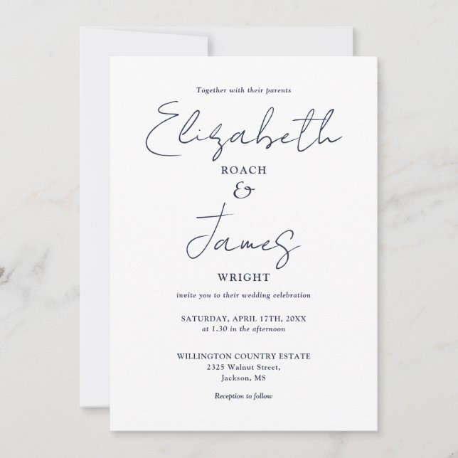 Invitación Boda Navy Blue Minimalista Elegant Script (Anverso)