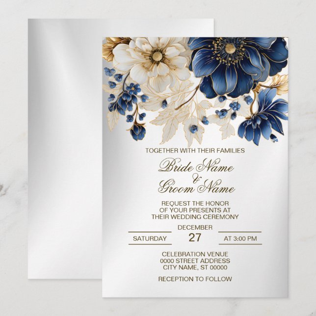 Invitación Boda Navy Blue White Golden Floral Silver (Anverso / Reverso)