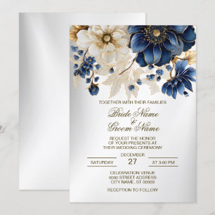 Invitación Boda Navy Blue White Golden Floral Silver