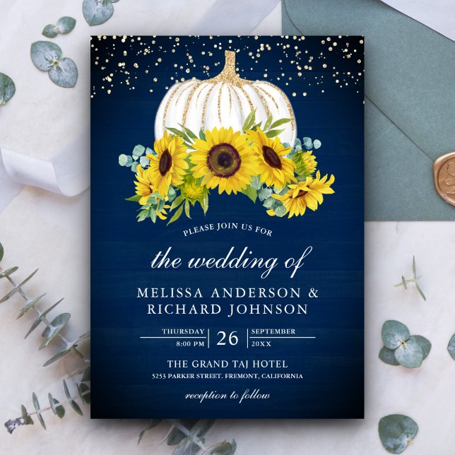 Invitación Boda Navy Blue Wood White Pumpkin Sunflowers (Subido por el creador)