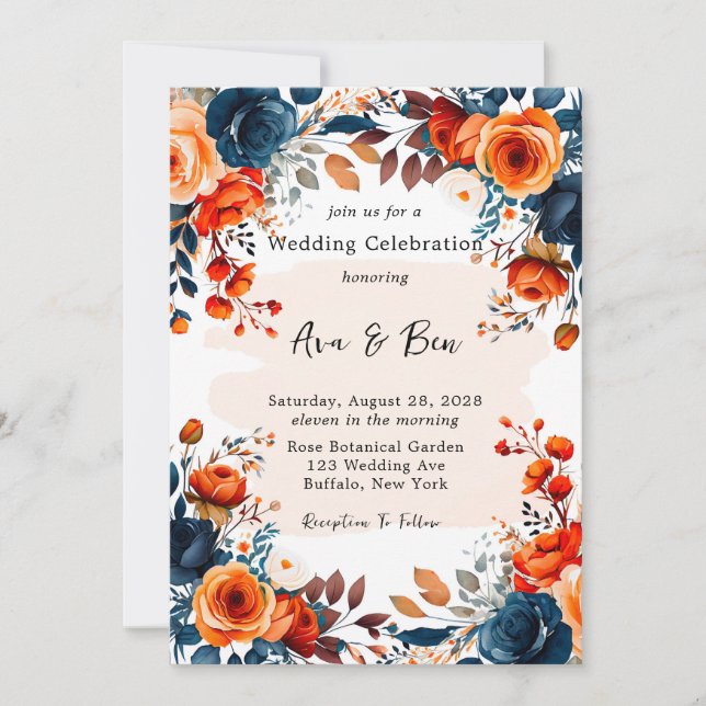 Invitación Boda Navy Blue y Naranja Peony (Anverso)