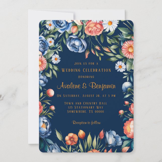 Invitación Boda Navy Blue y Naranja Peony (Anverso)