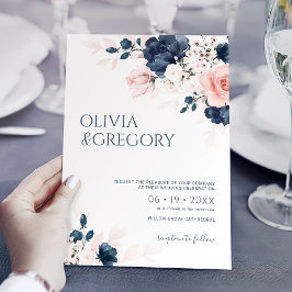 Invitación Boda Navy Blue y Rubor Pink Bouquet