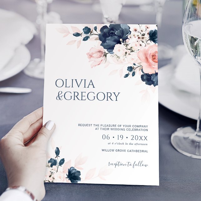 Invitación Boda Navy Blue y Rubor Pink Bouquet (Subido por el creador)