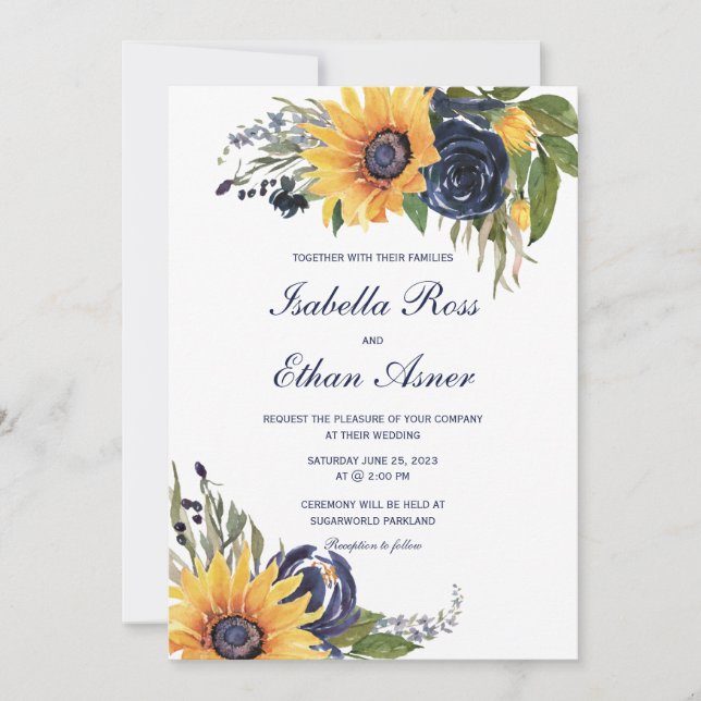 Invitación Boda Navy Blue y Sunflower (Anverso)