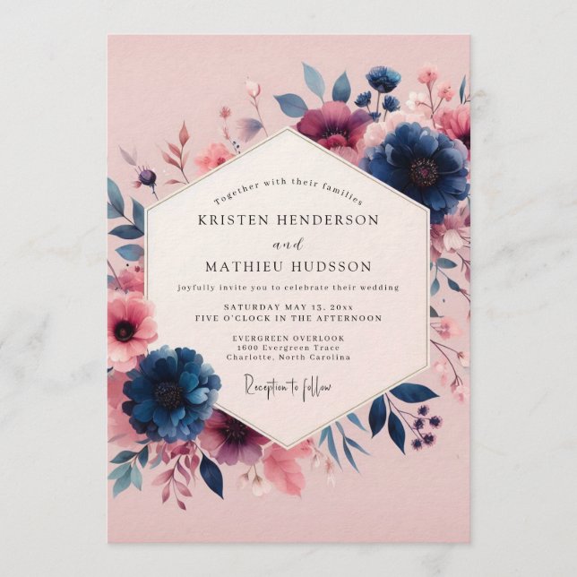 Invitación Boda Navy Blush Moody Bloom (Anverso)