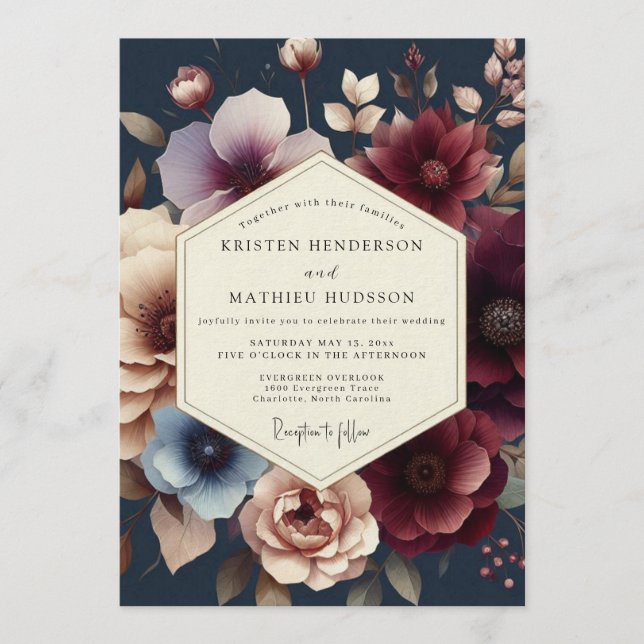 Invitación Boda Navy Burgundy Moody Bloom (Anverso)
