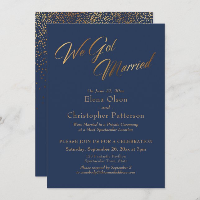 Invitación Boda Navy & Gold Confeti Recepción (Anverso / Reverso)