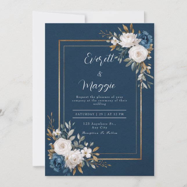 Invitación Boda Navy & Gold Peony (Anverso)