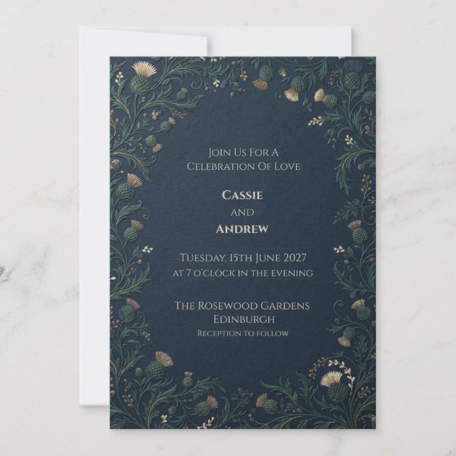Invitación Boda Navy Gold Scottish Thistle (Anverso)
