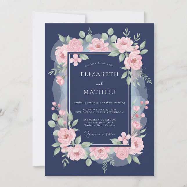 Invitación Boda Navy Pink Blossom (Anverso)