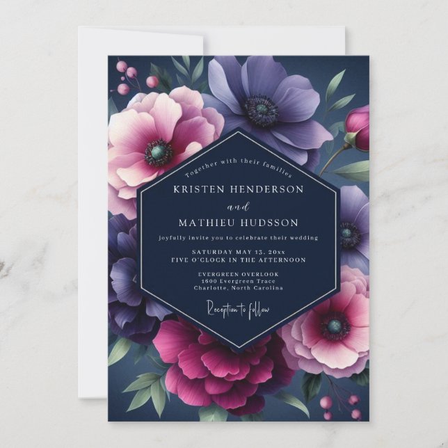 Invitación Boda Navy & Plum Dramatic Bloom (Anverso)