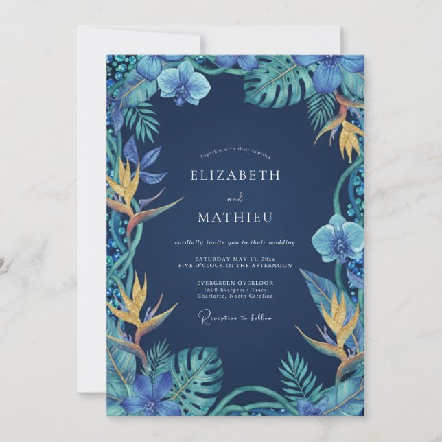Invitación Boda Navy Tropical Orchid (Anverso)